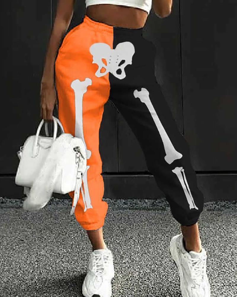 High Waist Skeleton Colorblock Print Cuffed Pants