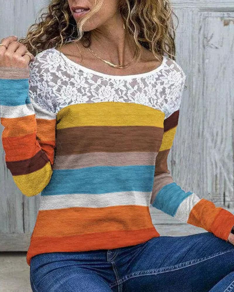 Striped Contrast Lace Long Sleeve Top
