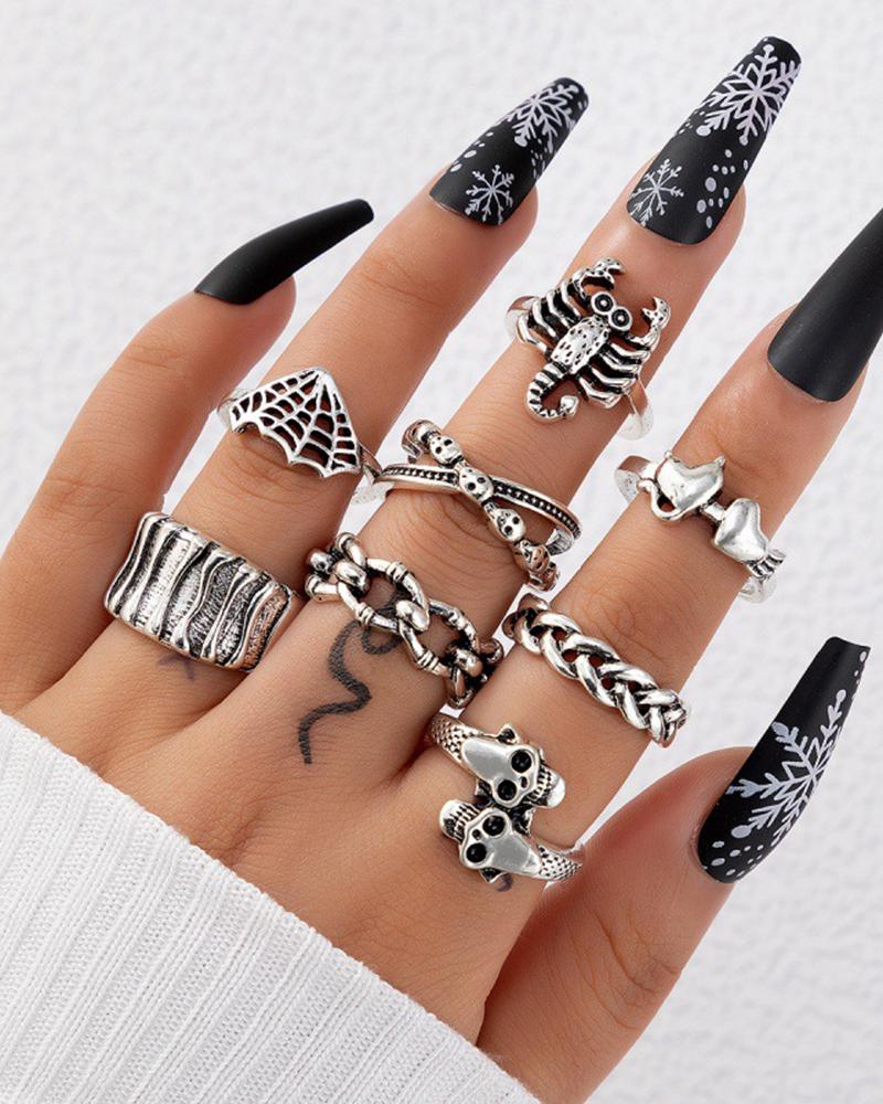 8pcs Halloween Skeleton Skull Heart Spider Web Rings Set