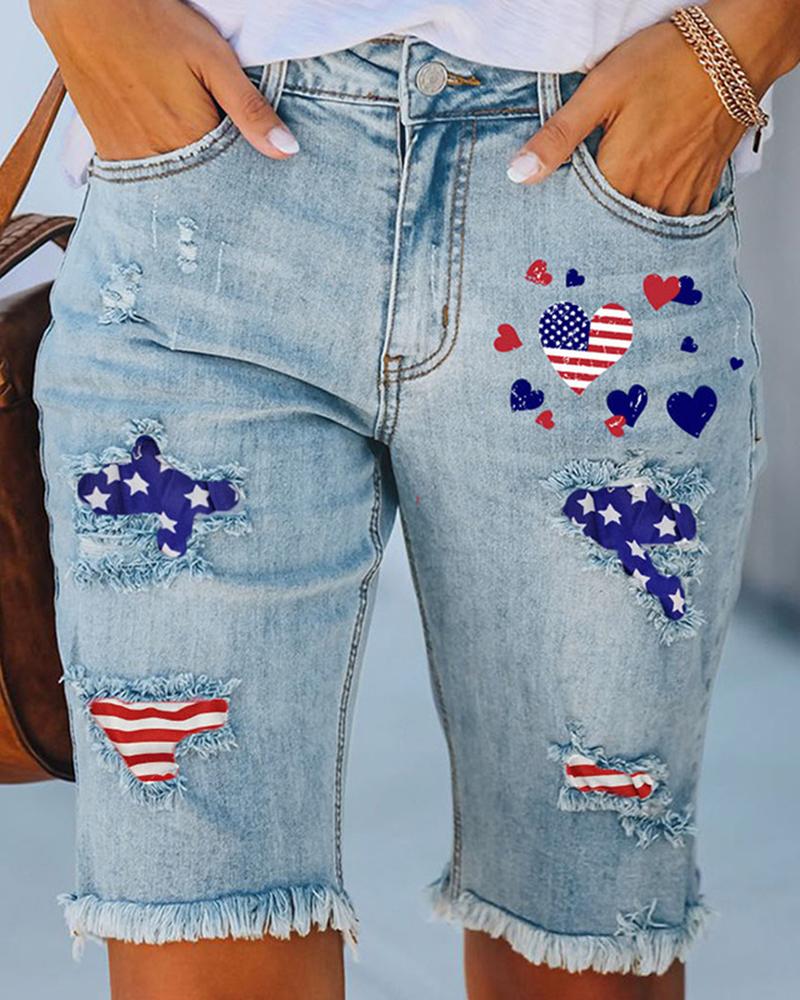 Independence Day Flag Heart Print Patchwork Ripped Denim Shorts