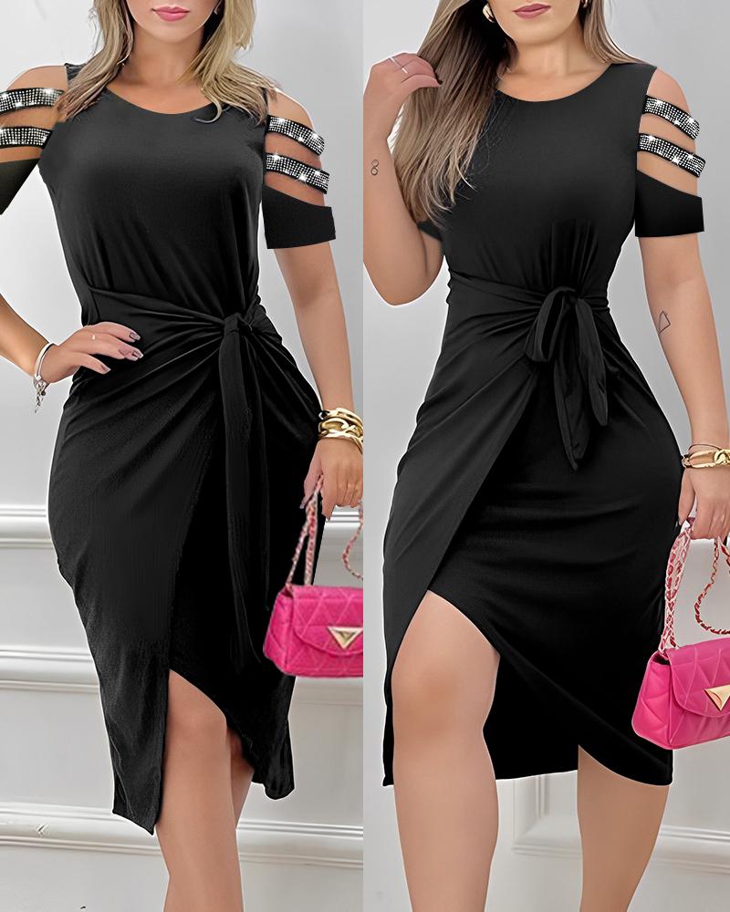 Rhinestone Cutout Draped Cold Shoulder Bodycon Dress