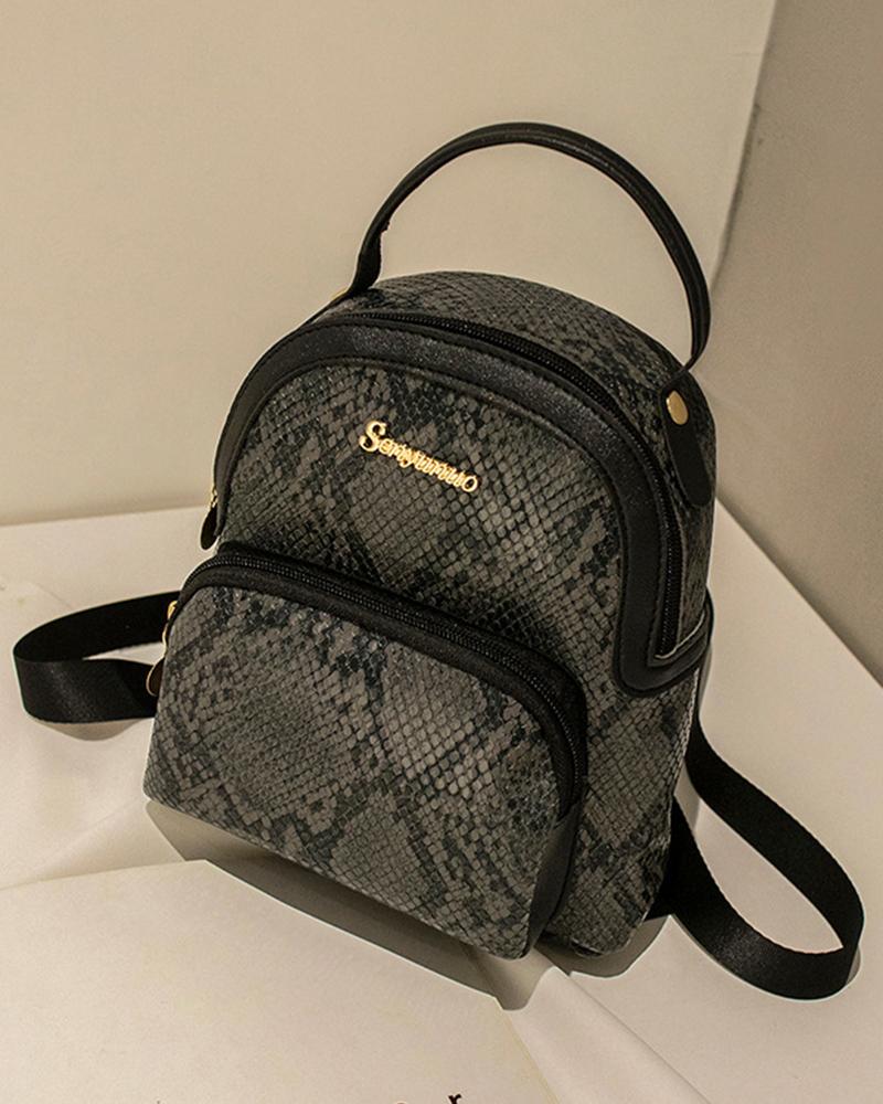 Snakeskin Cow Print Zipper Design Backpack Trendy School Bag