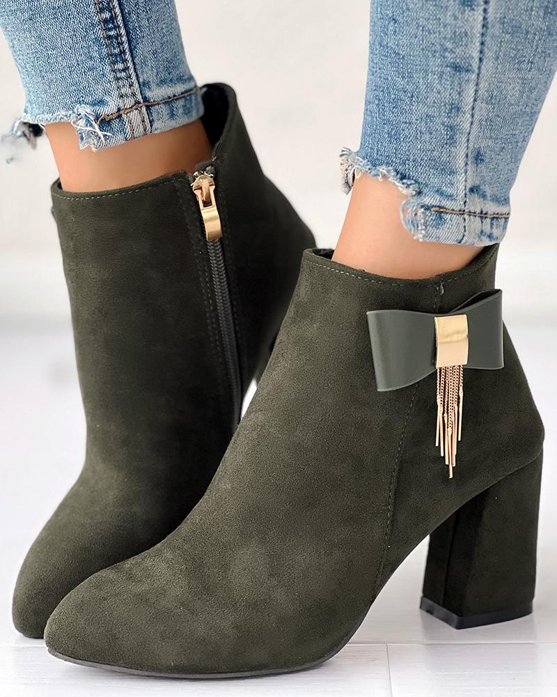 Suede Bowknot Chain Tassel Decor Chunky Boots