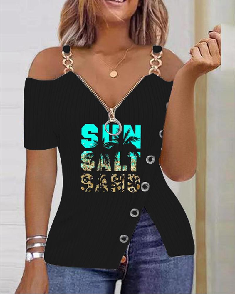 T-shirt & Tees Sun Salt Sand Letter Coconut Tree Print Cold Shoulder Top