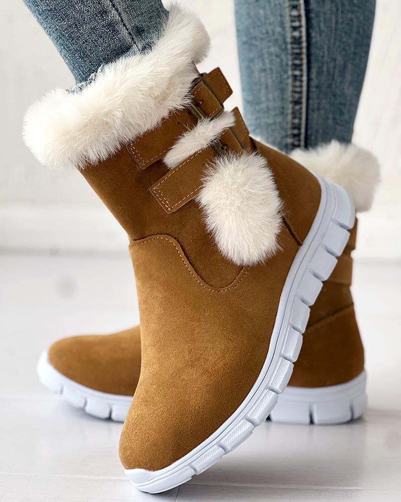 Fuzzy Detail Lined Buckled Ankle Boots