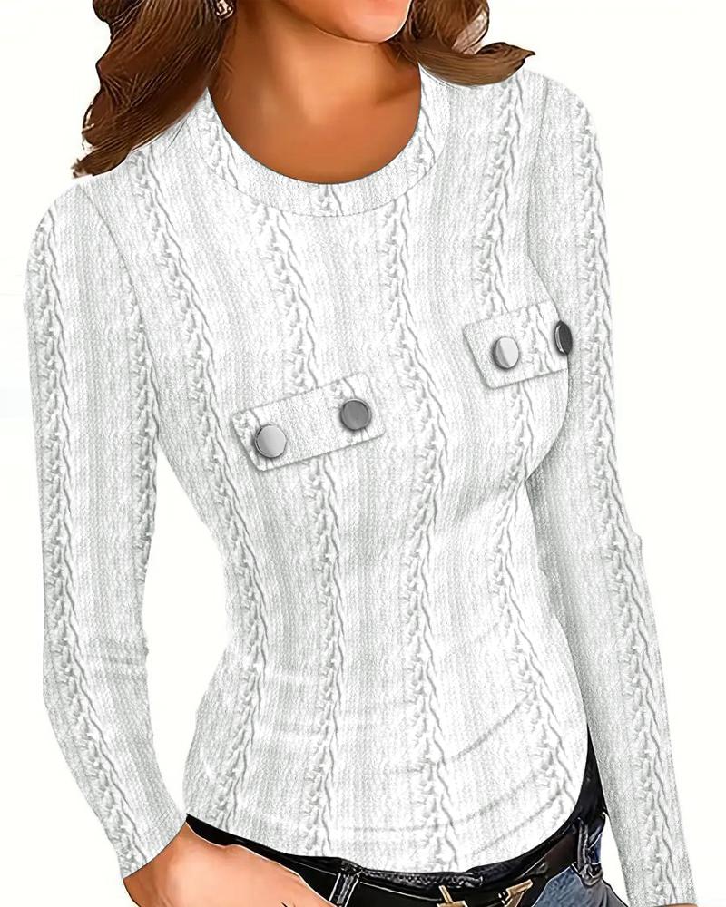 Round Neck Long Sleeve Buttoned Textured Top
