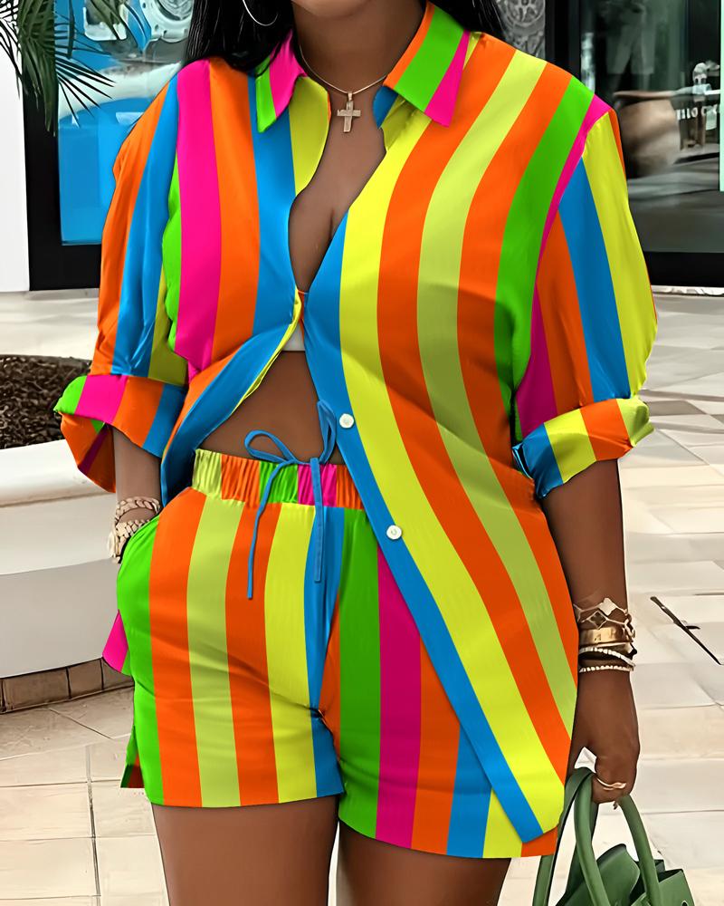 Rainbow Stripe Print Buttoned Shirt & Shorts Set