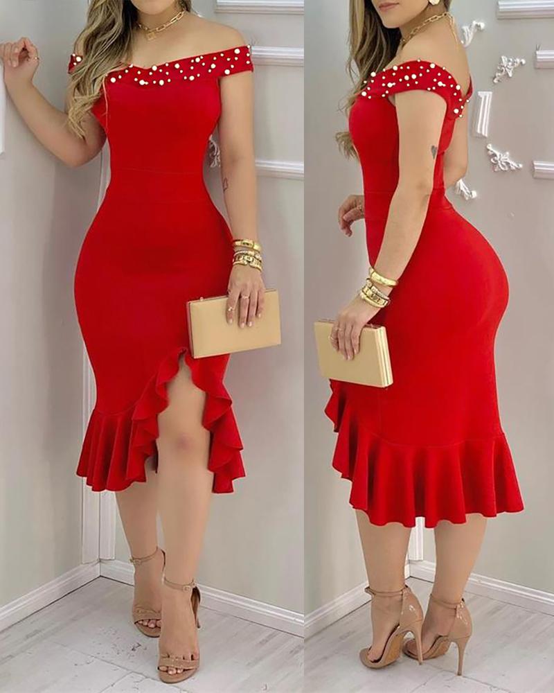 Beaded Off Shoulder Ruffles Slit Party Dress