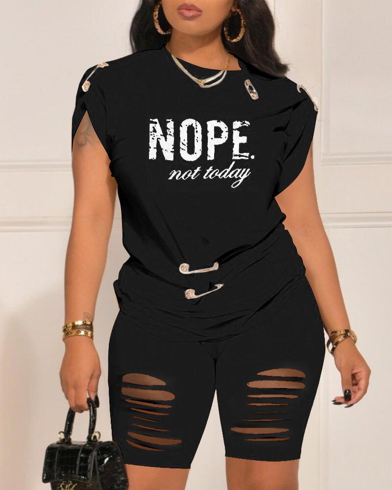 Nope Not Today Print Casual Top & Shorts Set