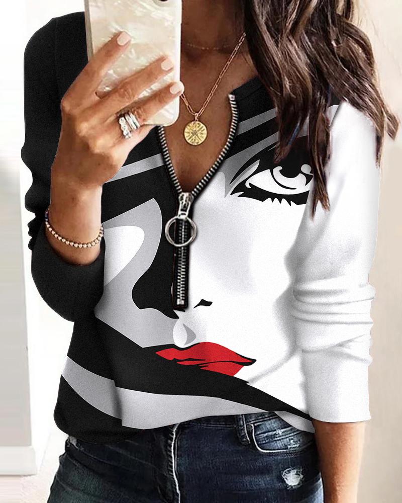 T-shirt & Tees Abstract Figure Print Zip Front Long Sleeve Top