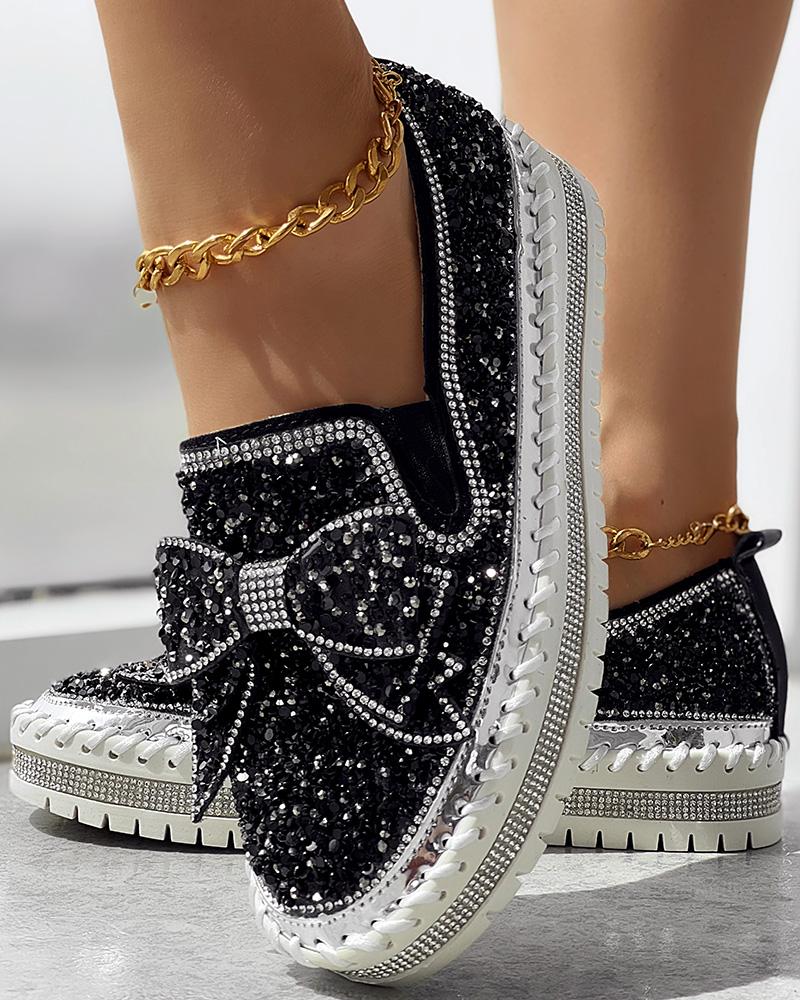 Bowknot Design Platform Sequin Loafers