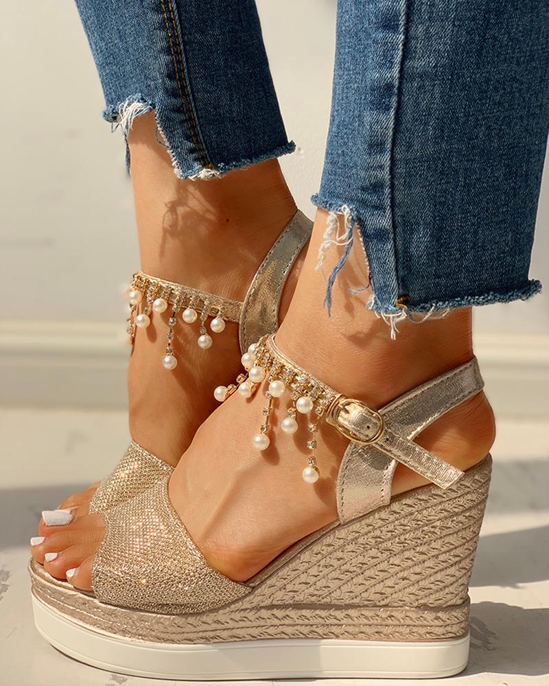 Rhinestone Beaded Detail Platform Wedge Sandals