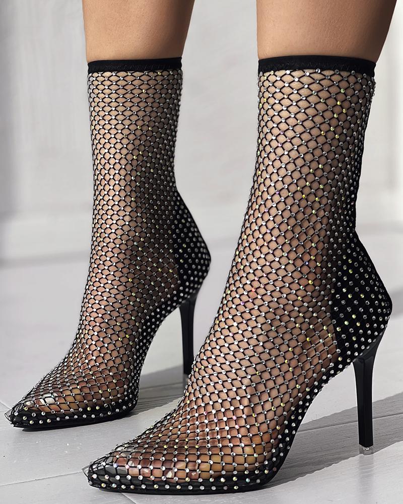 Fishnet Mesh Rhinestone Stiletto Heel Boots