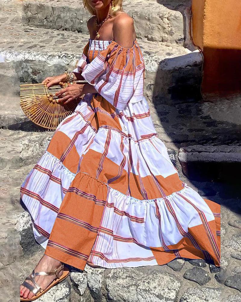 Striped Colorblock Off Shoulder Shirred Ruffles Maxi Dress