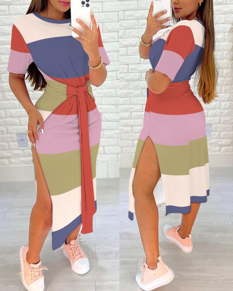 Striped Colorblock Tied Detail Slit Casual Dress