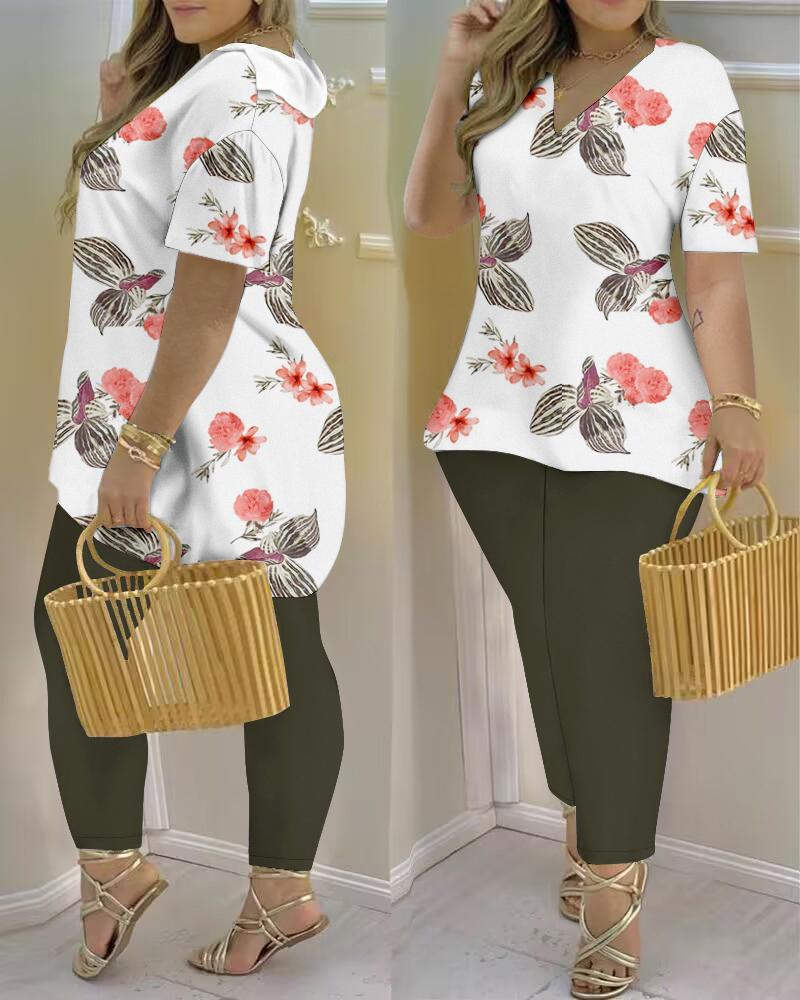 Plus Size Tropical Print Short Sleeve Top & Pants Set