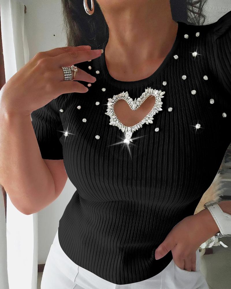 Hollow Heart Studded Rhinestone Beaded Knit Sweater