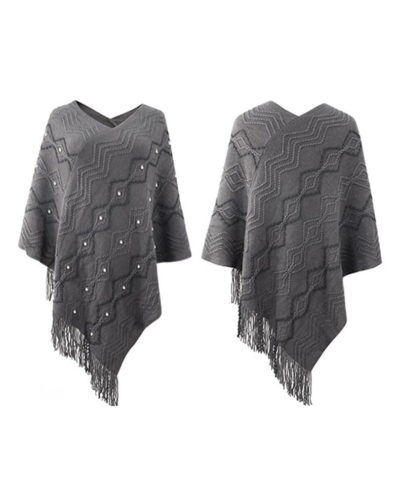 Geometric Pattern Pearls Decor Tassel Design Knit Cape Sweater