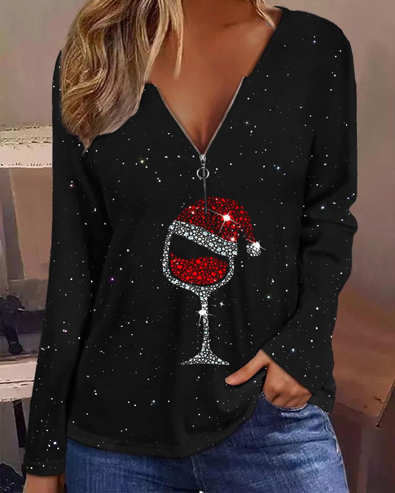 T-shirt & Tees  ChicMe Christmas Wine Glass Print Long Sleeve Top