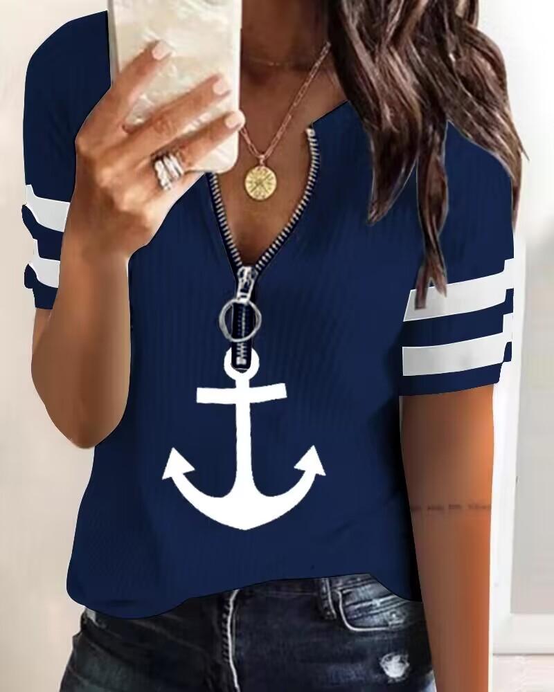 T-shirt & Tees  ChicMe Anchor Print Zipper Front Short Sleeve T-shirt