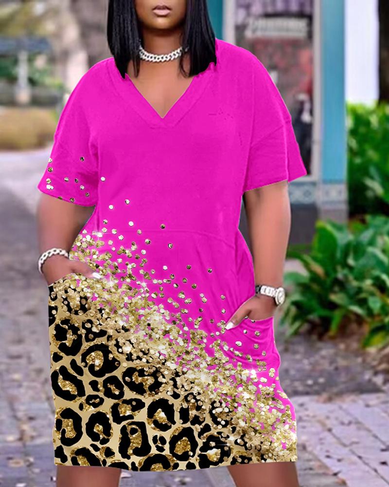 Casual Dresses Plus Size Contrast Leopard Print Pocket Design Casual Dress