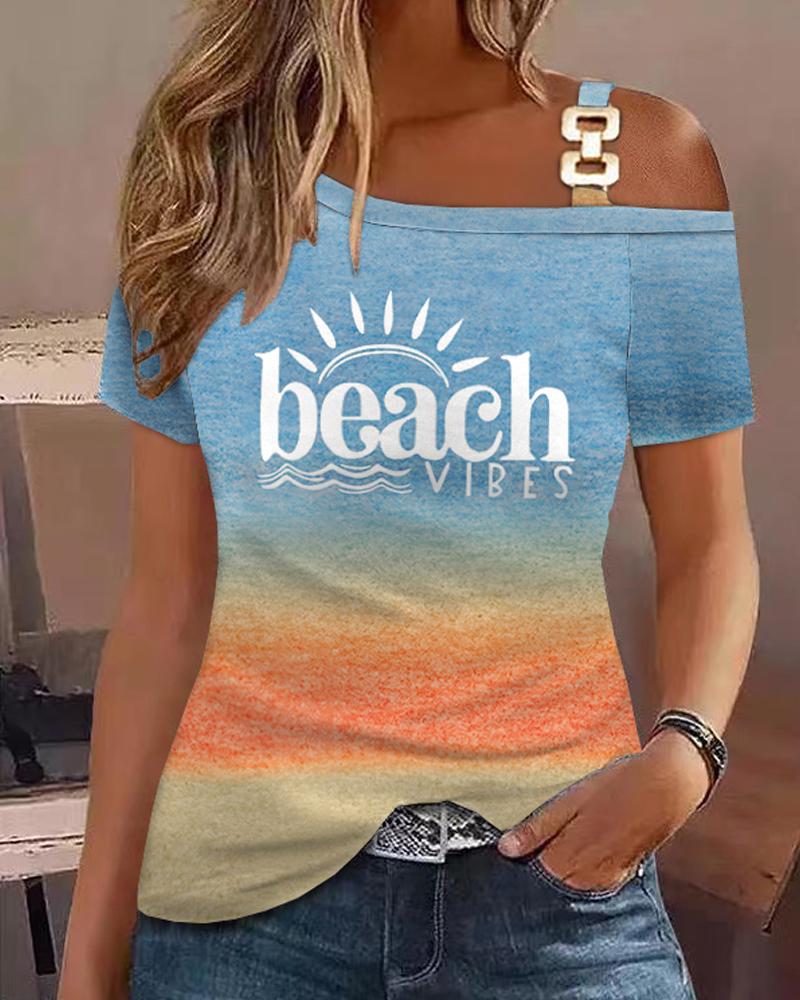 T-shirt & Tees  ChicMe Beach Landscape Print Ombre Cold Shoulder T-shirt