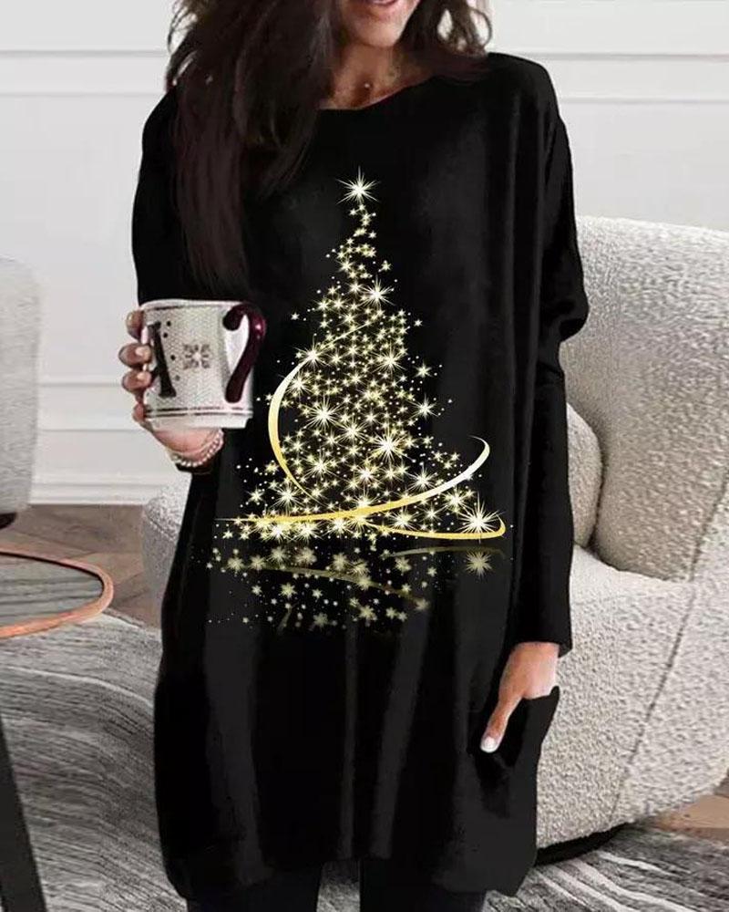 Christmas Tree Print Long Sleeve Casual Dress