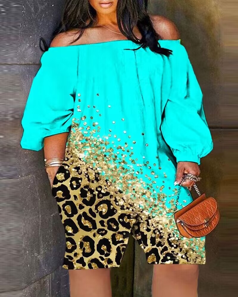 Jumpsuits&Rompers Plus Size Contrast Leopard Print Off Shoulder Romper