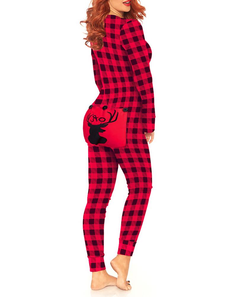   ChicMe Christmas Graphic Plaid Print Functional Buttoned Flap Adults Pajamas