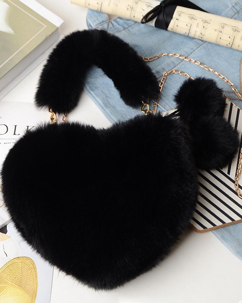 Fluffy Heart Shaped Pom Pom Chain Strap Handbag