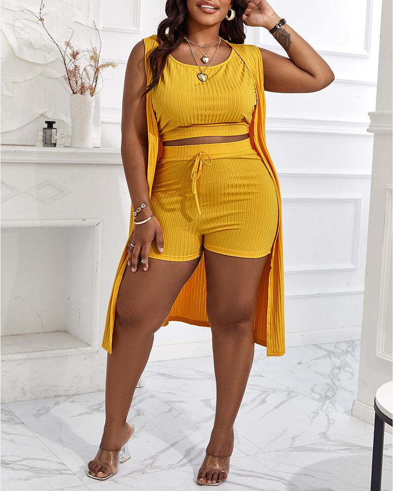 Plus Size 3PCS Ribbed Crop Tank Top & Shorts Set With Vest Coat