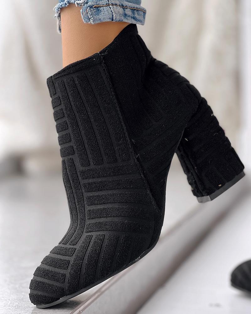 Fuzzy Textured Chunky Heel Ankle Boots