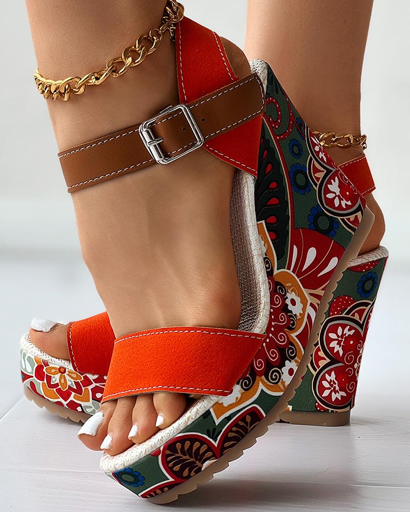 Peep Toe Floral Print Slingback Wedge Sandals