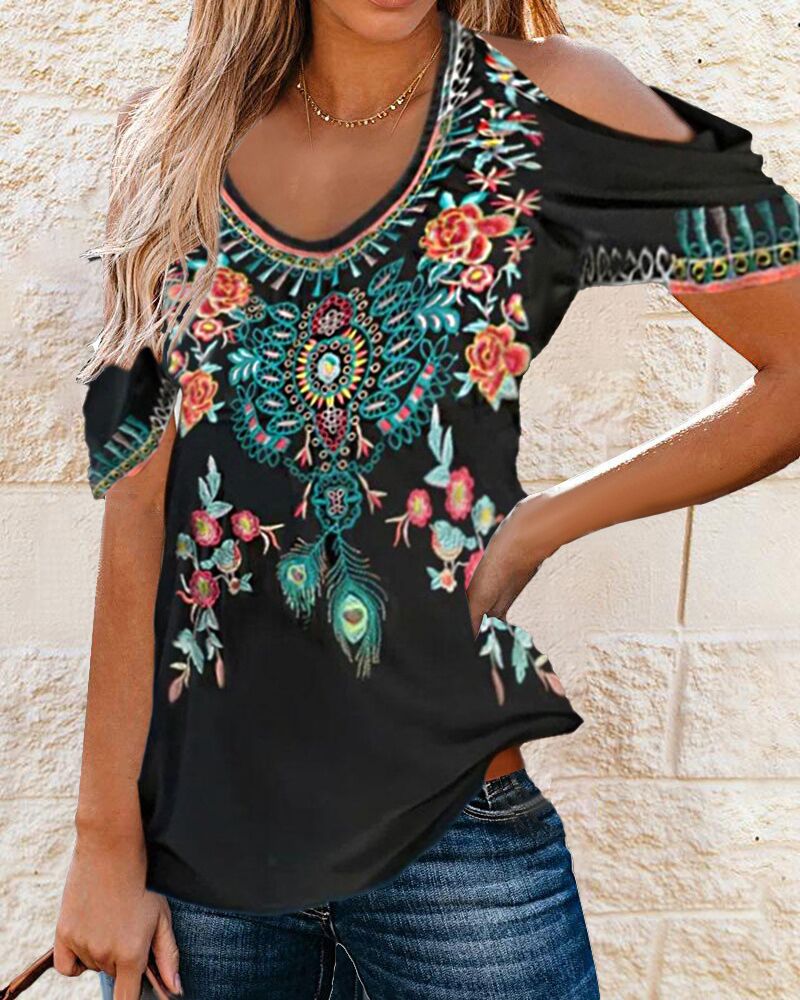 Tribal Floral Print Cold Shoulder Top
