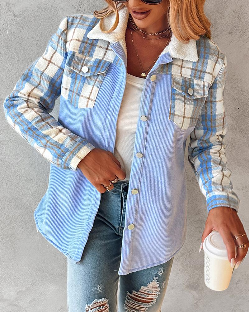 Colorblock Plaid Print Corduroy Lined Shacket
