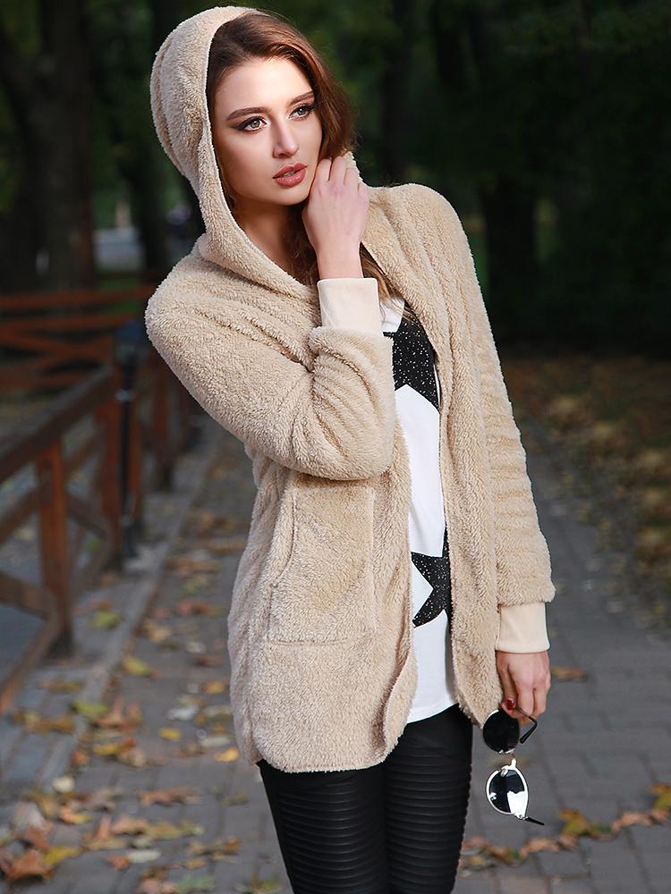 Cozy Pocket Design Fluffy Hoodie Oversized Coat