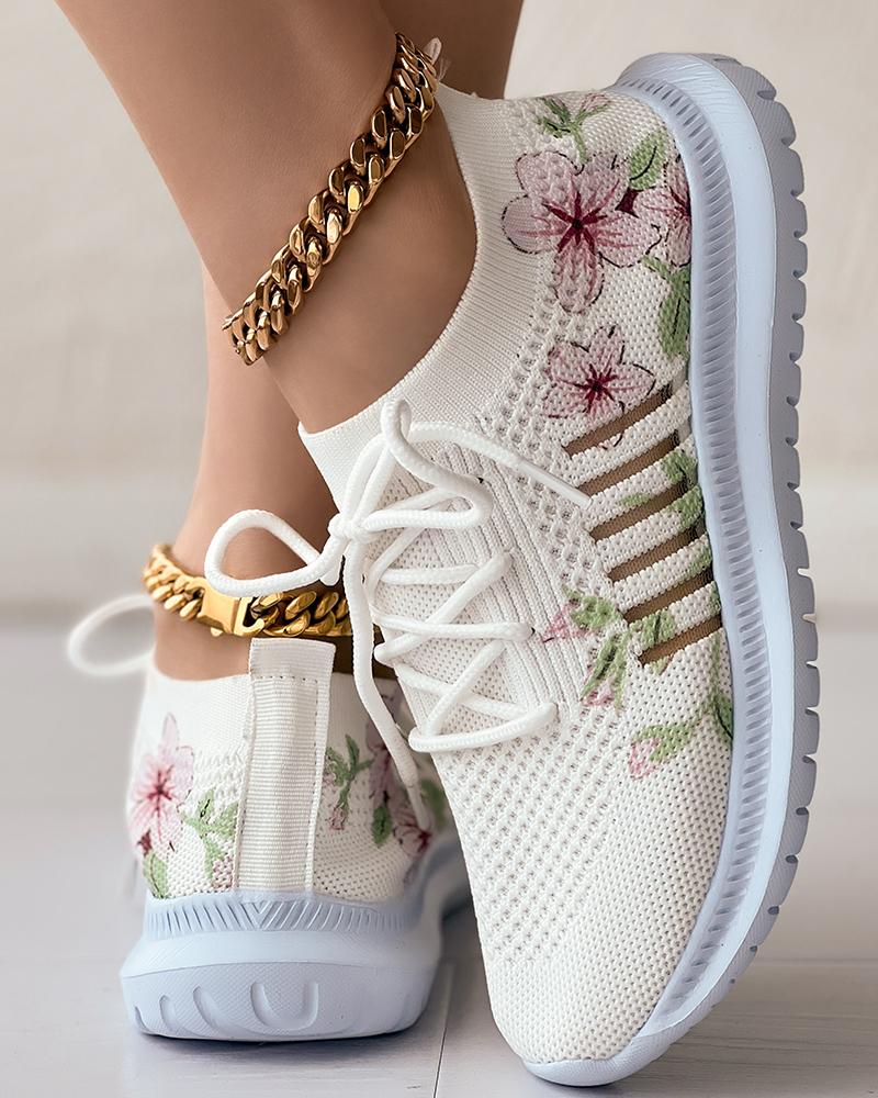 Floral Print Lace-up Slip-On Breathable Sneakers