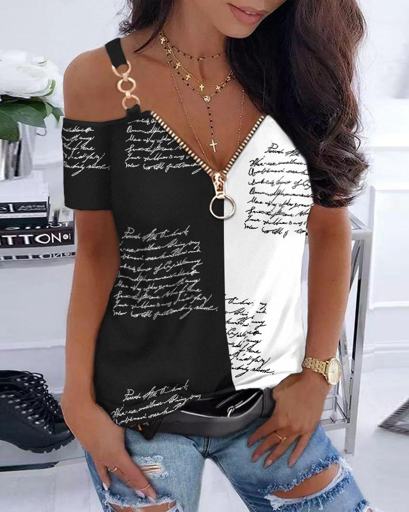 T-shirt & Tees  ChicMe Letter Print Colorblock Cold Shoulder Top