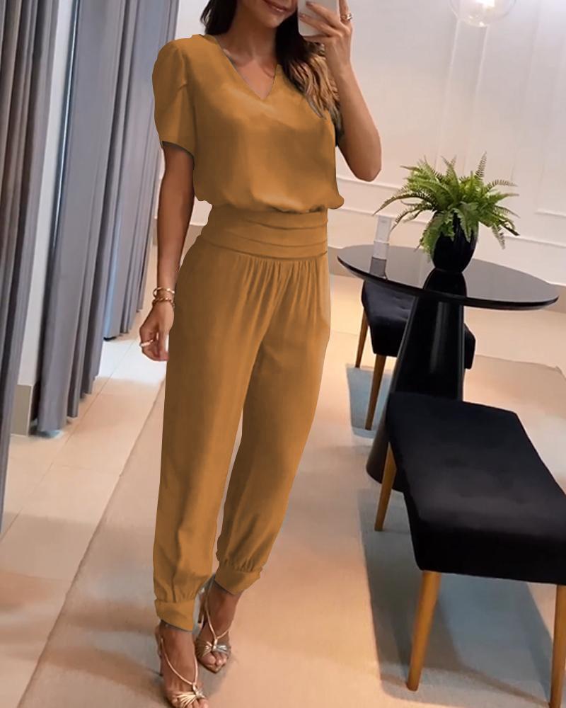 Puff Sleeve Top & High Waist Cuffed Pants Set