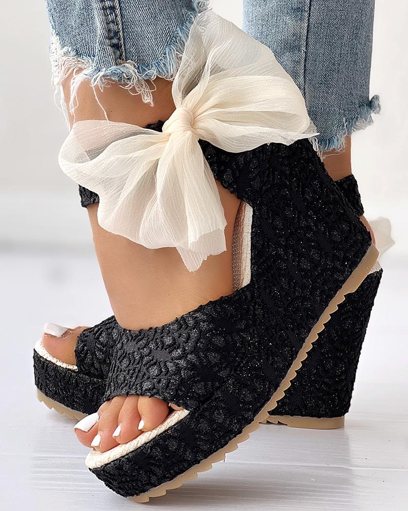 Glitter Textured Bowknot Design Platform Wedge Sandals