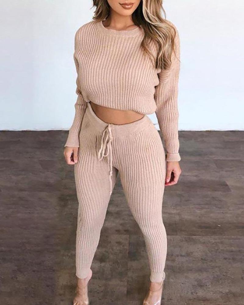 Ribbed Long Sleeve Top & Drawstring Pants Set