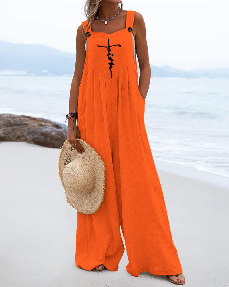 Letter Print Wide Leg Suspender Jumpsuit