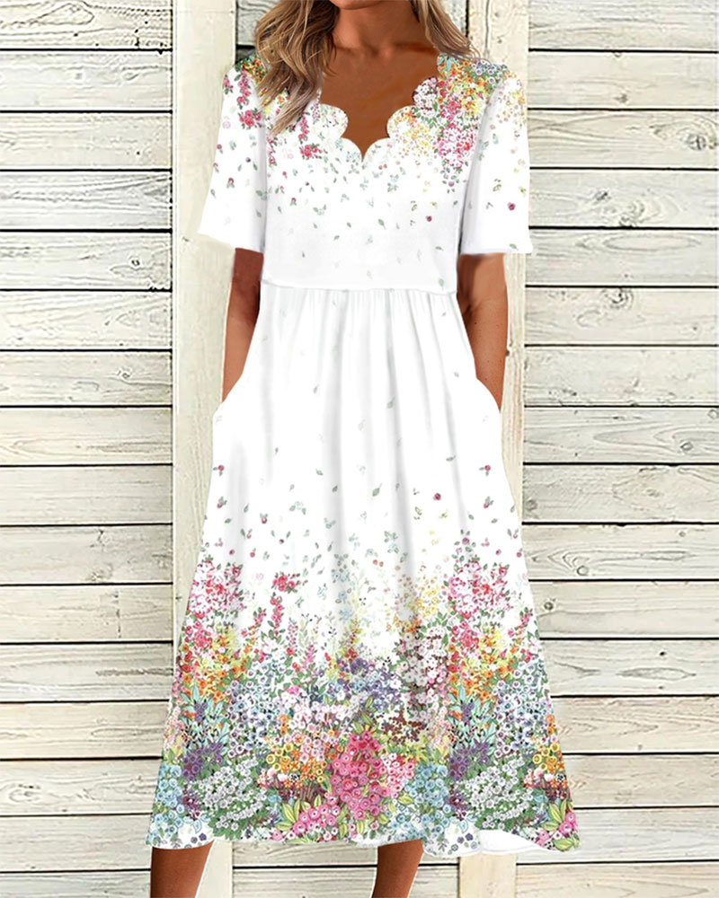 Ditsy Floral Print Scallop Trim Casual Dress