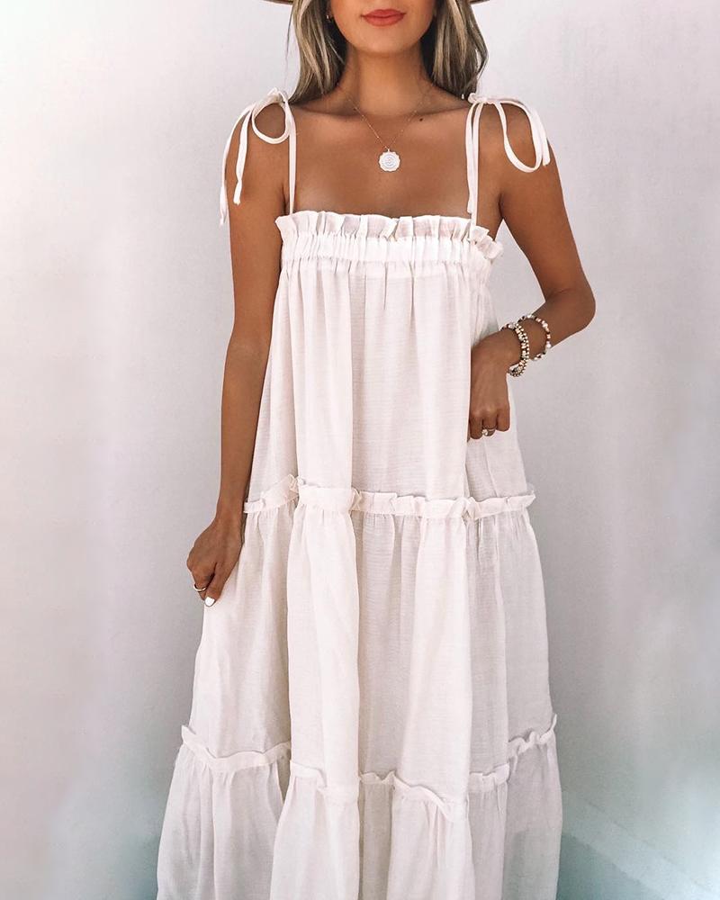 Frill Hem Ruched Spaghetti Strap Maxi Dress