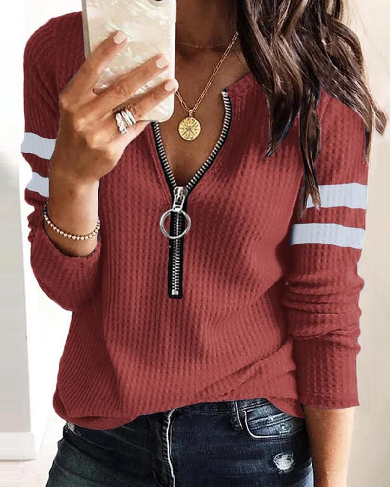 T-shirt & Tees  ChicMe Striped Print Zipper Front Long Sleeve Top