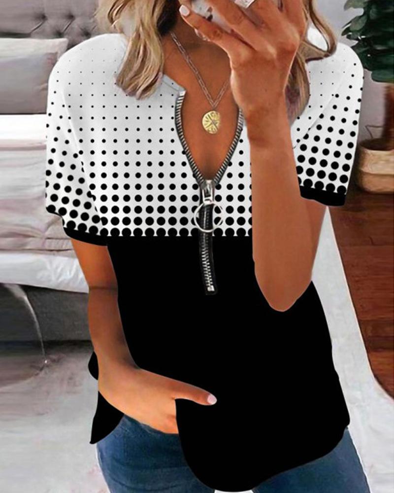 T-shirt & Tees Polka Dot Print Colorblock Zipper Front Top