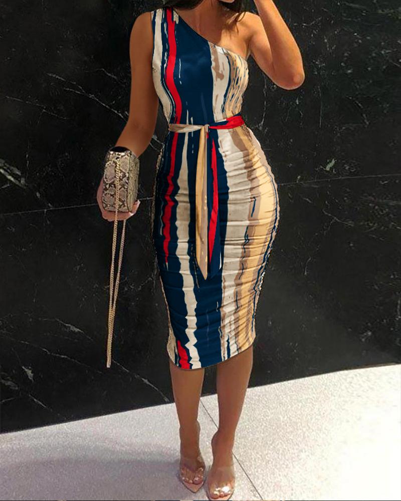 Abstract Print One Shoulder Ruched Bodycon Dress