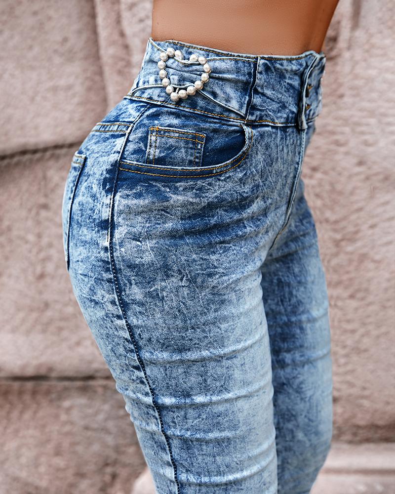  Pearls Decor Buttoned High Waist Skinny Jeans