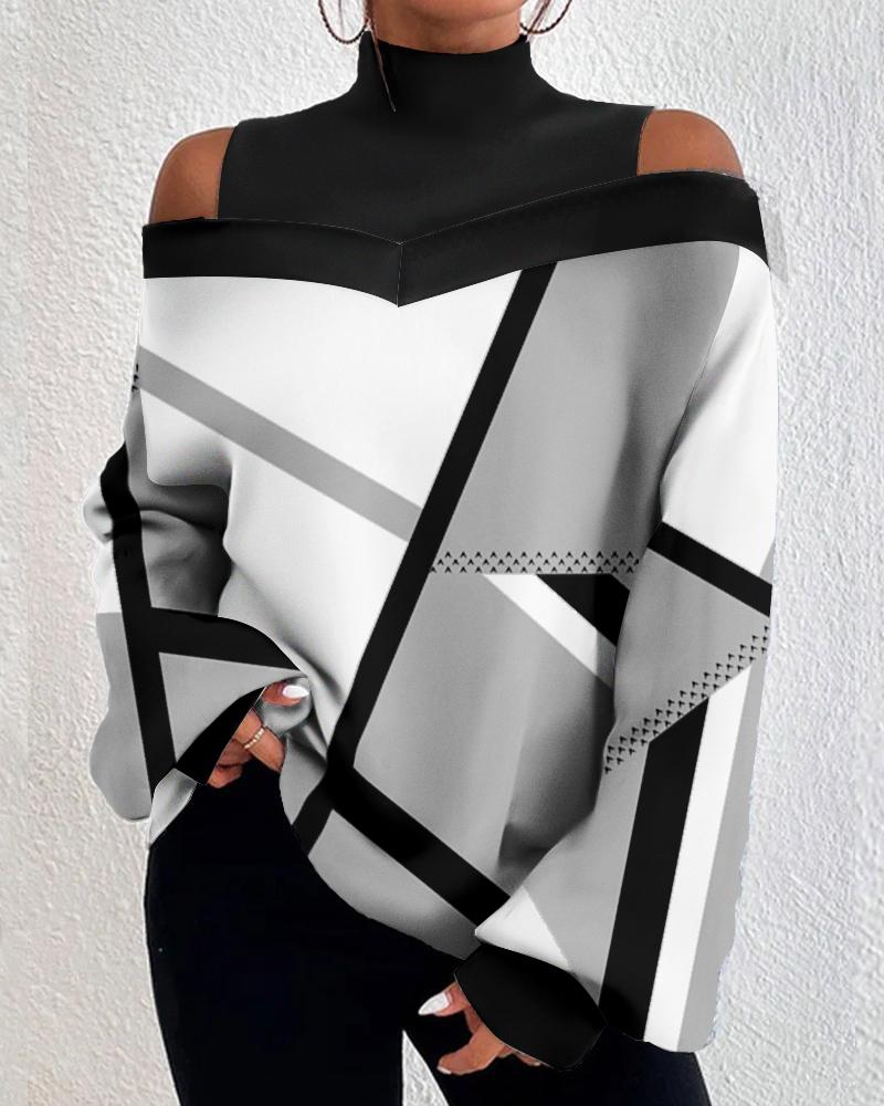 T-shirt & Tees  ChicMe Geometric Print Cold Shoulder Lantern Sleeve Top