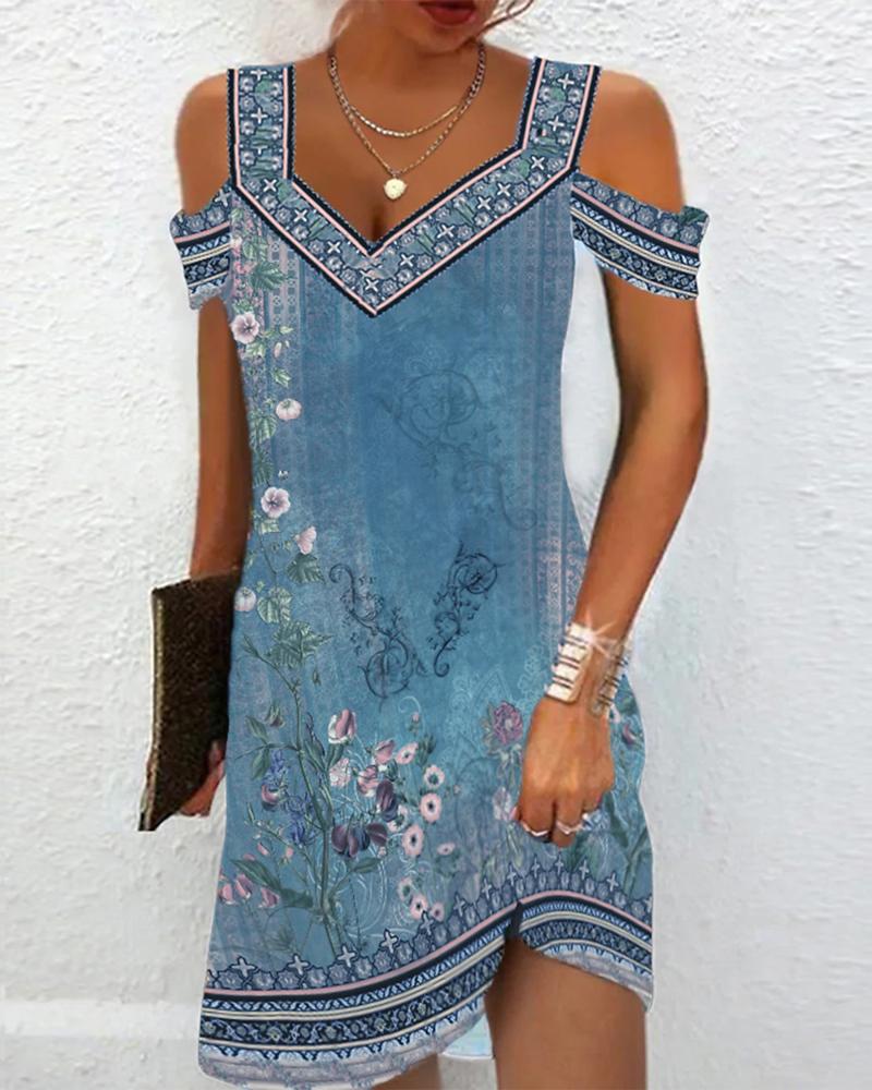 Floral Tribal Print Cold Shoulder Casual Dress